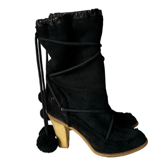 DIOR Boots Sz.9.5 Black Suede Shearling High Heel Pom Pom Drawstrings Fur Trim - Picture 6 of 16